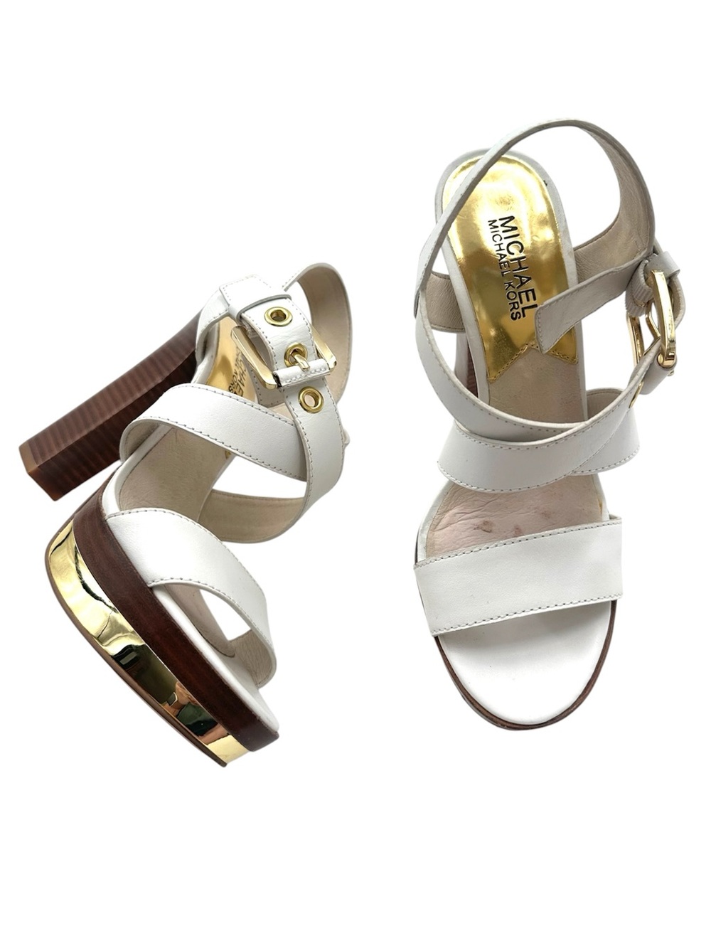 Michael Kors White Leather Platform Sandals with Stacked Heel Size 7